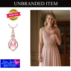 NECKLACE: Rose Gold Tone CZ Diamond Pink Opal, NWOT